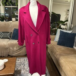 Vintage magenta long ‘wool’ style coat, double breasted size 14